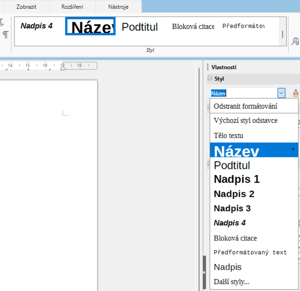 Náhledy stylů v rozevírací nabídce rozhraní Karty a postranní liště.