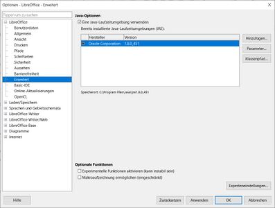 Dialog Optionen - LibreOffice - Erweitert"