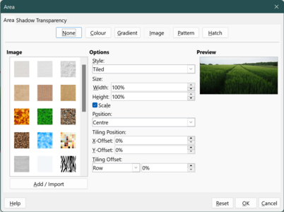 "Area" dialog, "Area" tab, the "Image" button