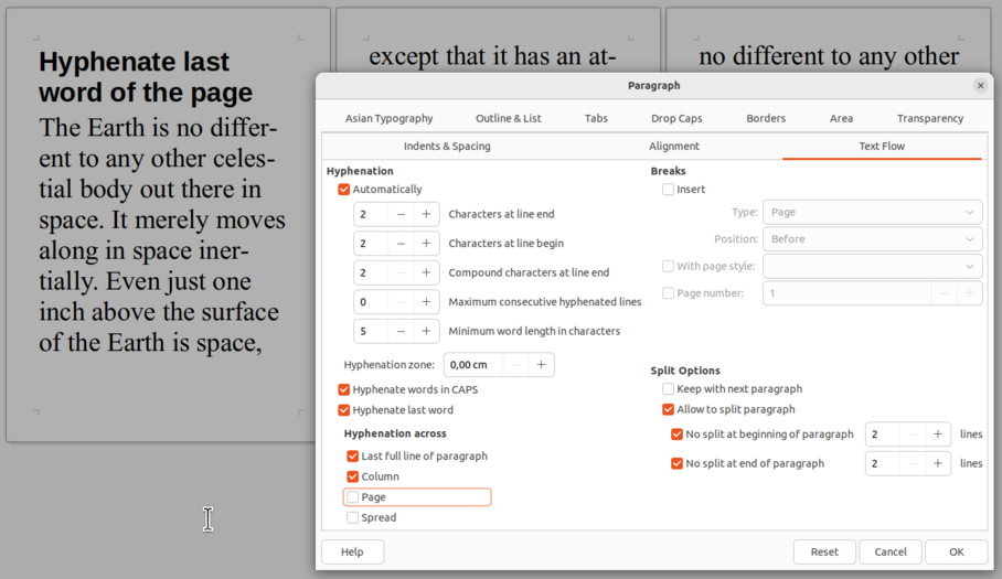 Disabling “Hyphenate across column and page” resulted that the last hyphenated line “except that it has at-” was shifted to the next page. Note: clean-up “Don't hyphenate options” to “Hyphenate”, similar to MSO and DTP.