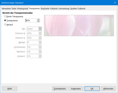 Seitenvorlage "Standard" Tab "Transparenz"
