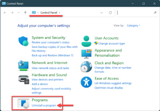 Control Panel dialog - Programs