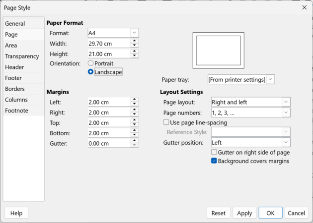 Choose Page in "Landscape"