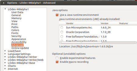 Options: Options avancées pour Java, l'enregistrement de macros et les fonctions expérimentales