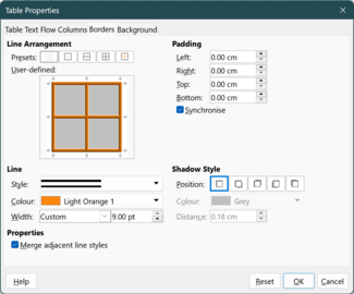 "Table Properties" dialog, tab "Borders"