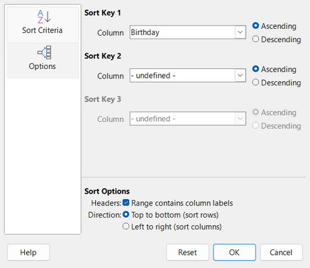 Screenshot of dialog tab Sort Criteria