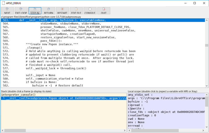 la finestra di debug di APSO