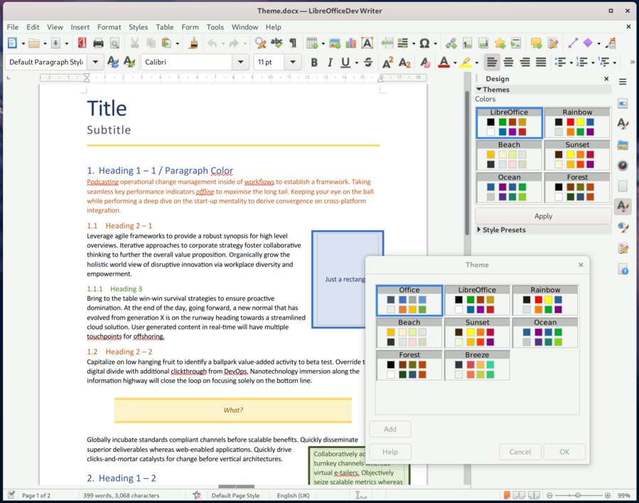 Document Themes Dialog and Sidebar