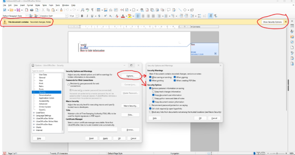 Screenshot of Security Infobar warning and new security option settings