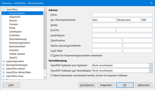 Dialog "Optionen LibreOffice-Benutzerdaten"