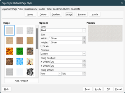 Page Style "DefaultPage Style" dialog, Area tab, Image Button