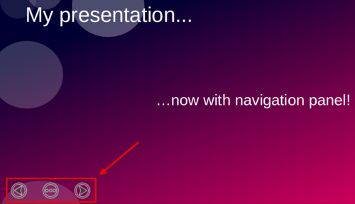 Il Pannello di navigazione, visualizzato sopra l'angolo in basso a sinistra della diapositiva, ha tre pulsanti: diapositiva precedente, menu, prossima diapositiva.