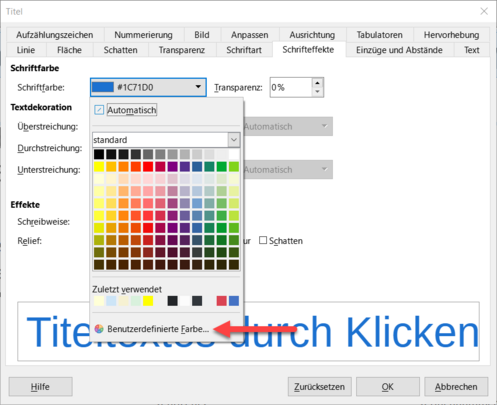 Dialog "Titel" - "Schrifteffekte"