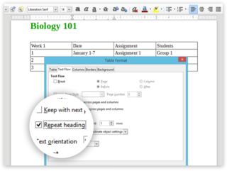 Snímání obrazovky možností formátu tabulky v LibreOffice Writer na PC