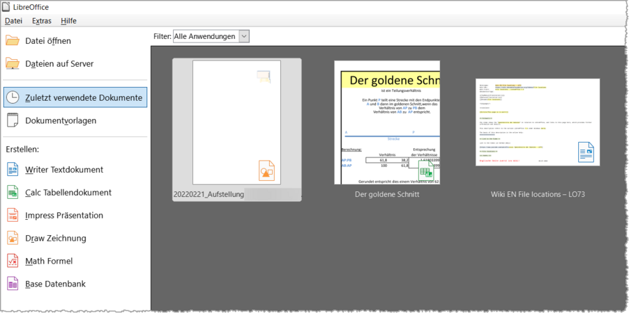 LibreOffice-Start - Zuletzt verwendete Dokumente