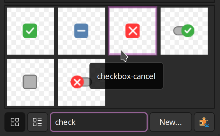 Search box filtering for object names that contain the string "check".