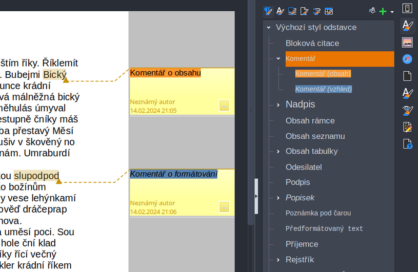 Snímek obrazovky dokumentu aplikace Writer se dvěma komentáři, jeden s oranžovým pozadím se zaměřením na obsah, druhý s modrým pozadím se zaměřením na formátování.