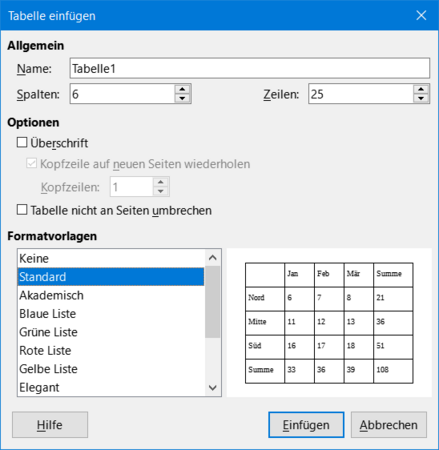 Dialog "Tabelle einfügen"