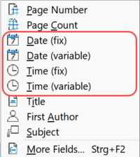 Screenshot of menu that includes the fixed and variable variants of Date and Time fields.