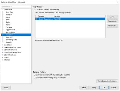 "Options-LibreOffice - Advanced" dialog