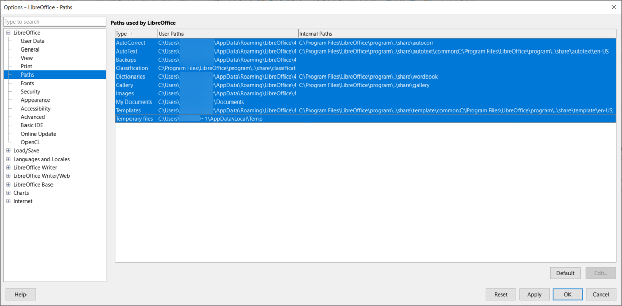 "Options- LibreOffice - Paths" dialog