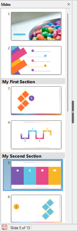 Presentation sections available from context menus in slide pane