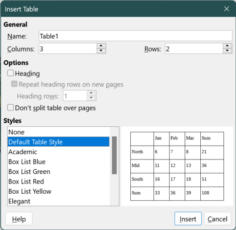 "Insert Table" dialog