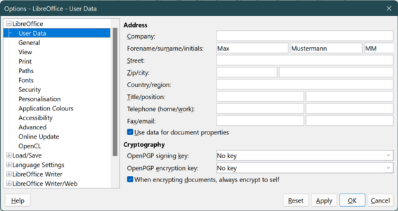 "Options LibreOffice-UserData" Dialog
