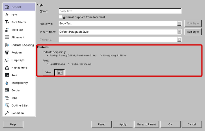 Edit and View buttons to reset style properties to parent style.