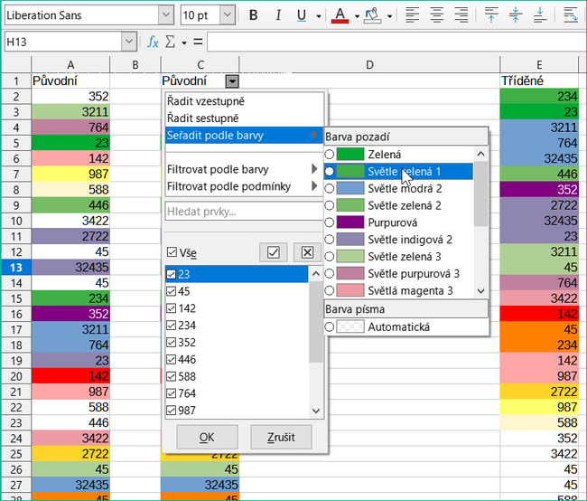 Třídění podle barev v automatickém filtru: originální netříděná data vlevo, setříděná dle barev vpravo