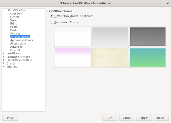 Personalization dialog with preinstalled themes, without Firefox Personas support