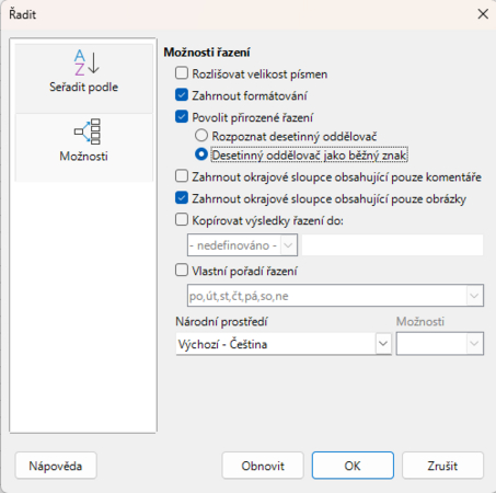 Vylepšení v možnostech řazení