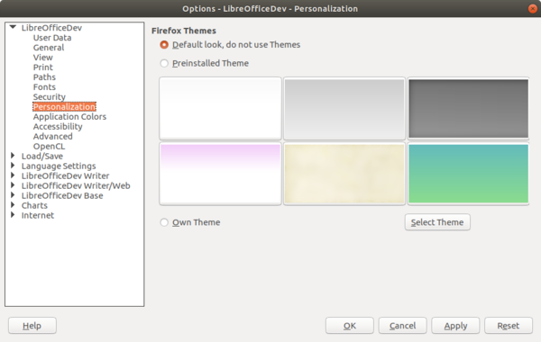 Personalization dialog with preinstalled themes
