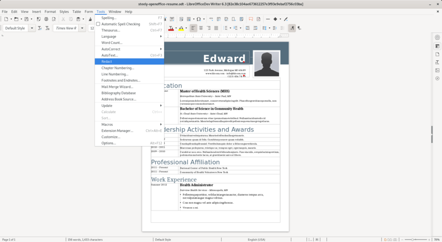 Redaction command in the Tools menu of Writer