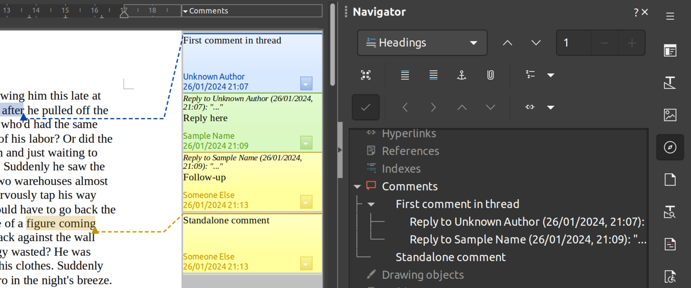 Capture d'écran d'un document avec 3 commentaires. Dans le Navigateur, les deux réponses au premier commentaire sont regroupées et peuvent être réduites.
