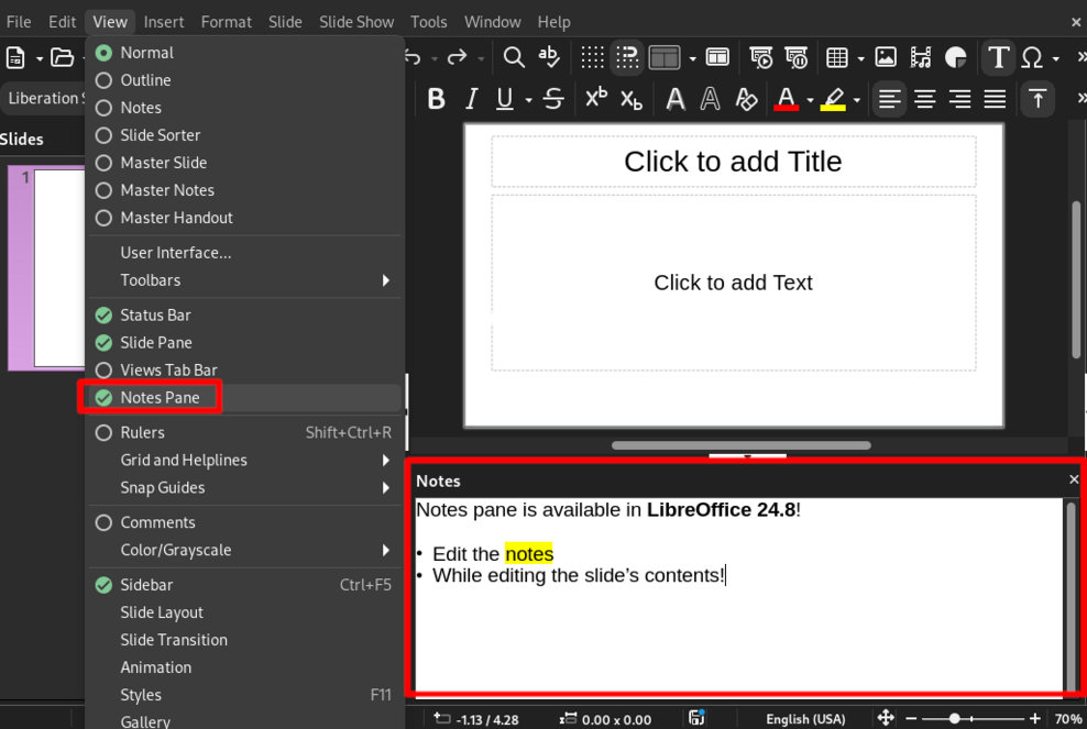 View menu expanded, with "Notes Pane" highlighted. The Notes pane is visible below the slide.
